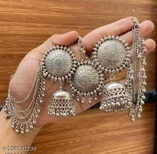 Navaratri Special Kashmiri Trible Mangtika & Jhumka Earrings Set (Silver)