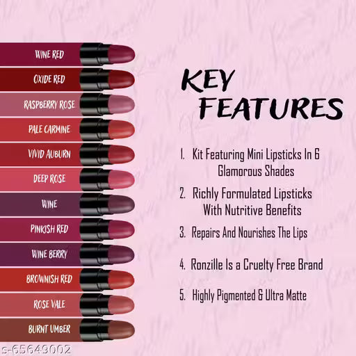 Ronzille Ayurvedic Creamy Matte Lipstick Set For Lip Hydrating & Moisturizing, Suitable For All Skin Tones Set Of 12