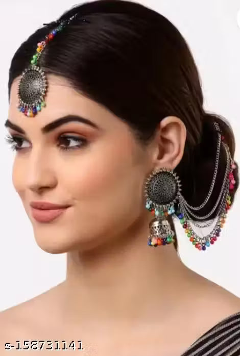 Navaratri Special Kashmiri Trible Mangtika & Jhumka Earrings Set (Multi)