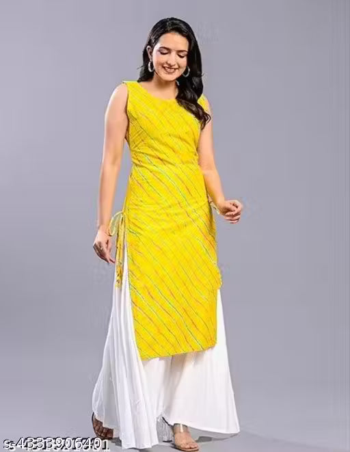 Shikha arts green leheriya sleeveless kurta & white palazzo 2pcs set (Kurta & palazzo)