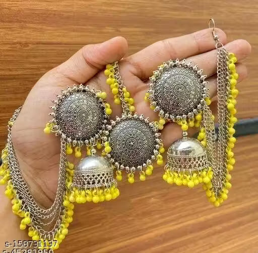 Navaratri Special Kashmiri Trible Mangtika & Jhumka Earrings Set (Yellow)