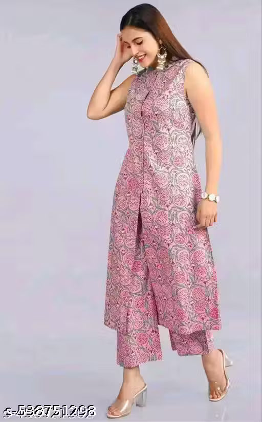 Classic Rayon Printed sleeveles Kurta With Palazzos Set For Women- Pink