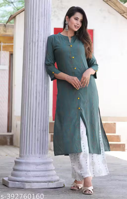 Woman And Girls Rayon Fabric Printed Kurti With Palszo Set