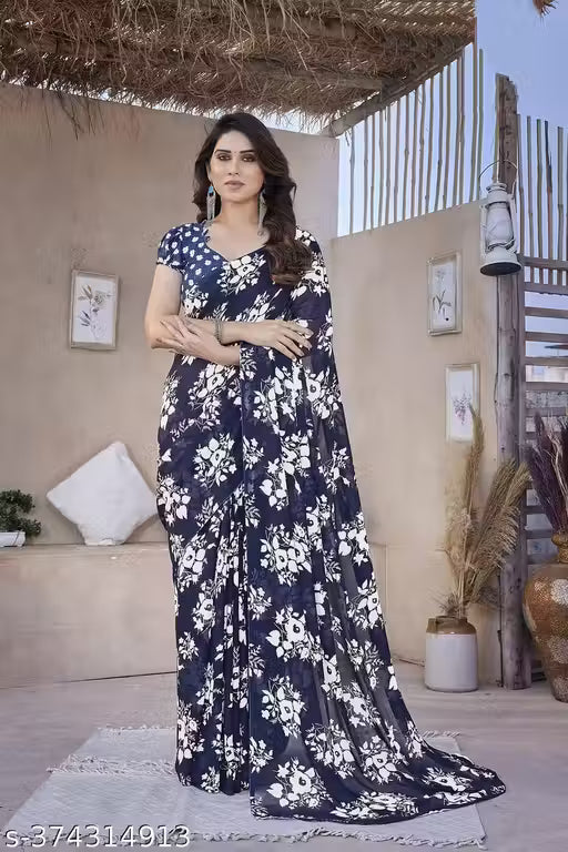 New Style Floral Printed Saree For Women with Unstitch Blouse Piece