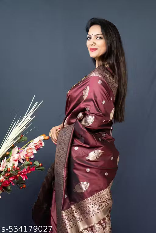 Women's Kanchipuram Pure Silk Saree with Zari-brown