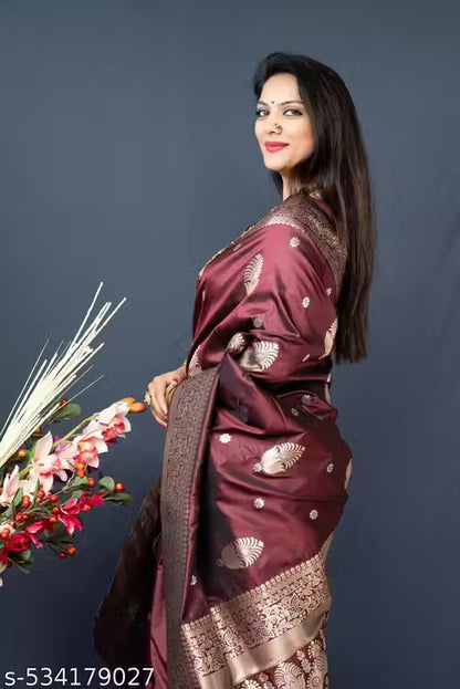 Women's Kanchipuram Pure Silk Saree with Zari-brown