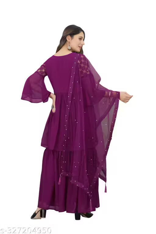 Graceful Georgette Embroidered Sharara Set-Purple