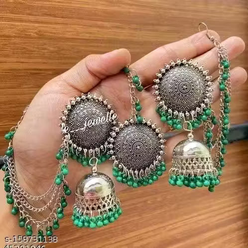 Navaratri Special Kashmiri Trible Mangtika &amp; Jhumka Earrings Set (Green)