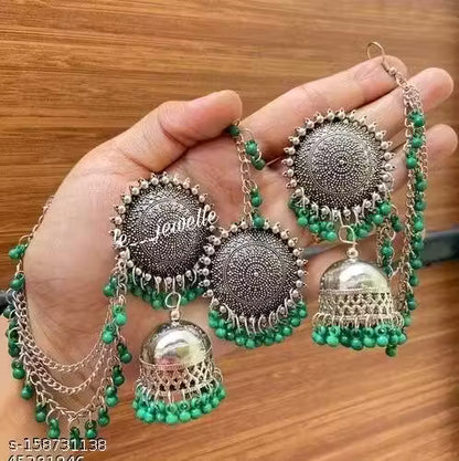 Navaratri Special Kashmiri Trible Mangtika &amp; Jhumka Earrings Set (Green)