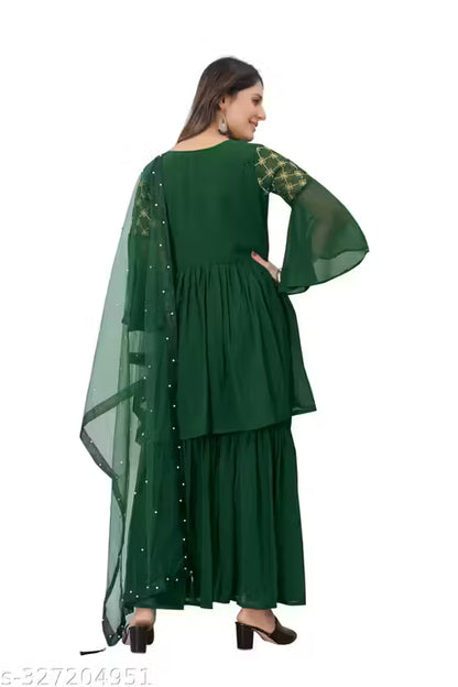 Graceful Georgette Embroidered Sharara Set-Green
