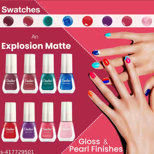 Dazller Quick Dry Long Lasting Nail Polish Pack of 8 Multicolor Combo - Chip Resistant, Acetone-Free Formula, Rich Pigmentation - Distinct Nails