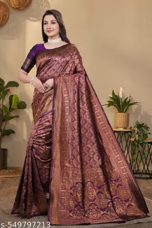 Graceful Banarasi Silk Blend Saree with Blouse for Women – Wedding & Party Outfit