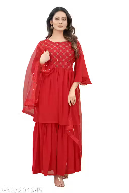 Graceful Georgette Embroidered Sharara Set-Red