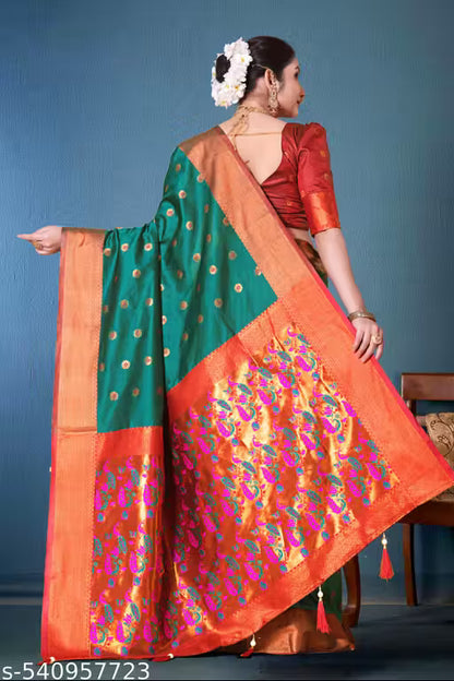 PAITHANI RICH PALLU SILK SAREE WITH BLOUSE(GREEN)