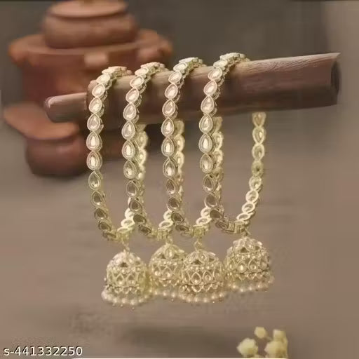 Mankairoop set Of 4 Light Gold-Plated Kundan-Studded & Pearls-Beaded Jhumki Bangles