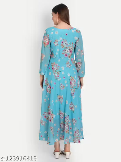 sky blue colour printed georgette dress