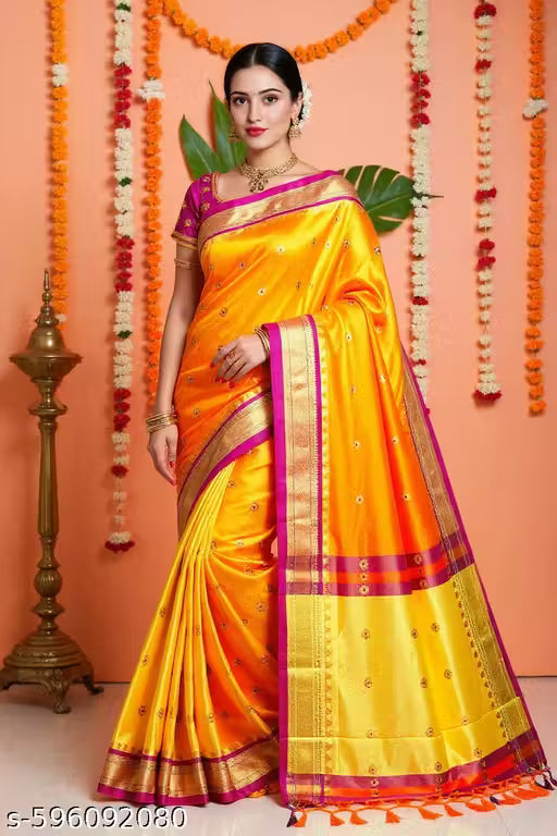 Paithani Cotton Silk Sarees With Contrast Blouse Piece (Mango & Purple)
