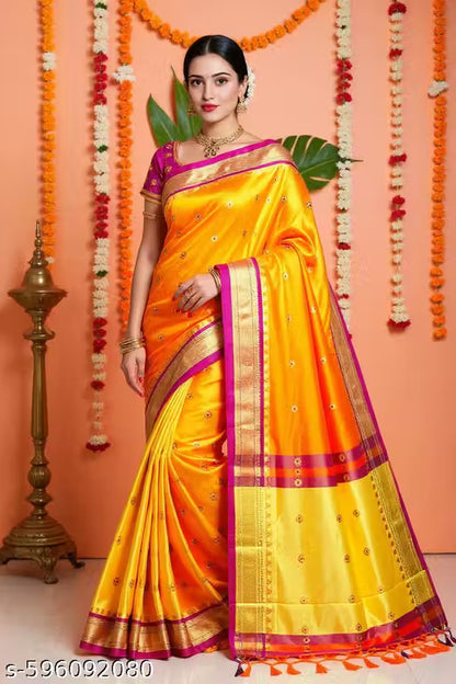 Paithani Cotton Silk Sarees With Contrast Blouse Piece (Mango & Purple)