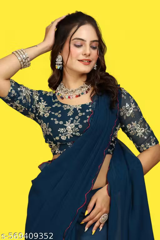 Elegant Soft Georgette Saree with Scalloped Border & Detailed Embroidery Blouse