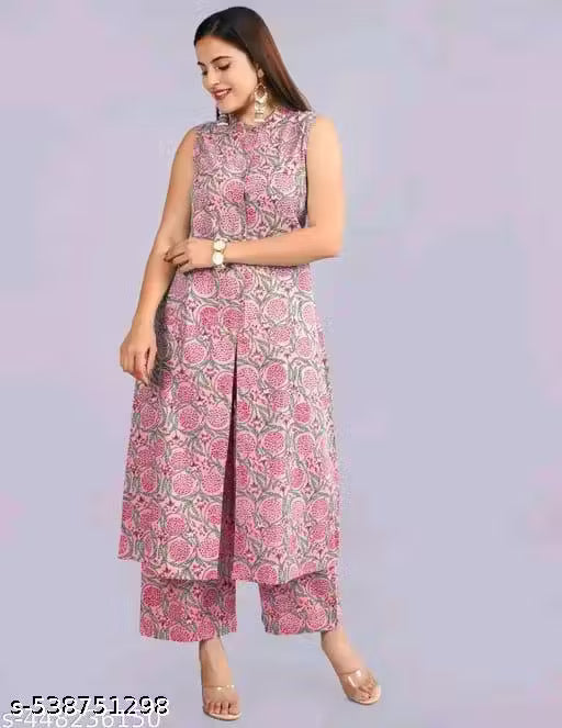 Classic Rayon Printed sleeveles Kurta With Palazzos Set For Women- Pink