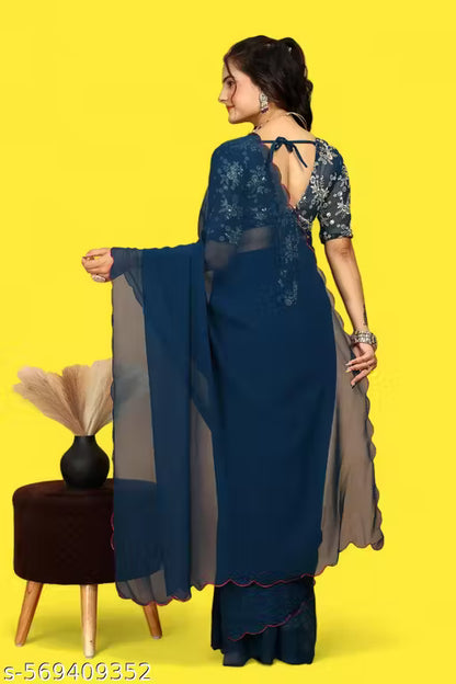 Elegant Soft Georgette Saree with Scalloped Border & Detailed Embroidery Blouse