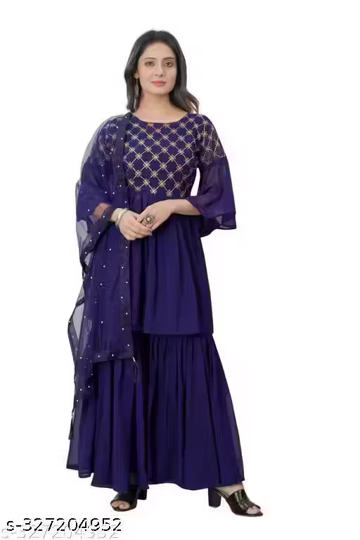 Graceful Georgette Embroidered Sharara Set-Blue