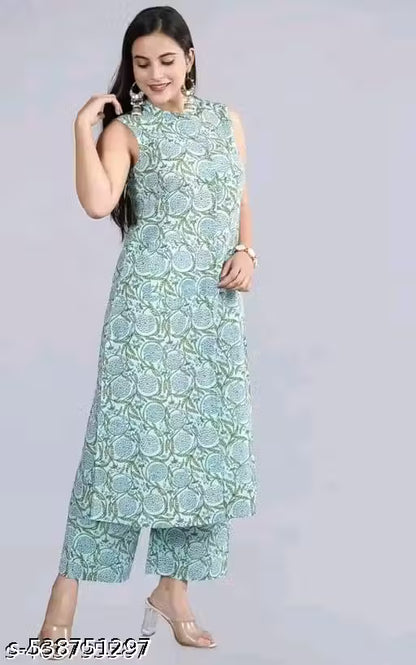 Fancy Rayon Printed sleeveles Kurta With Palazzos Set For Women