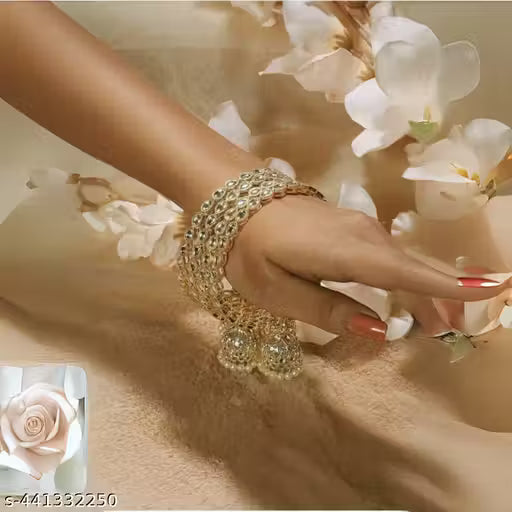 Mankairoop set Of 4 Light Gold-Plated Kundan-Studded & Pearls-Beaded Jhumki Bangles