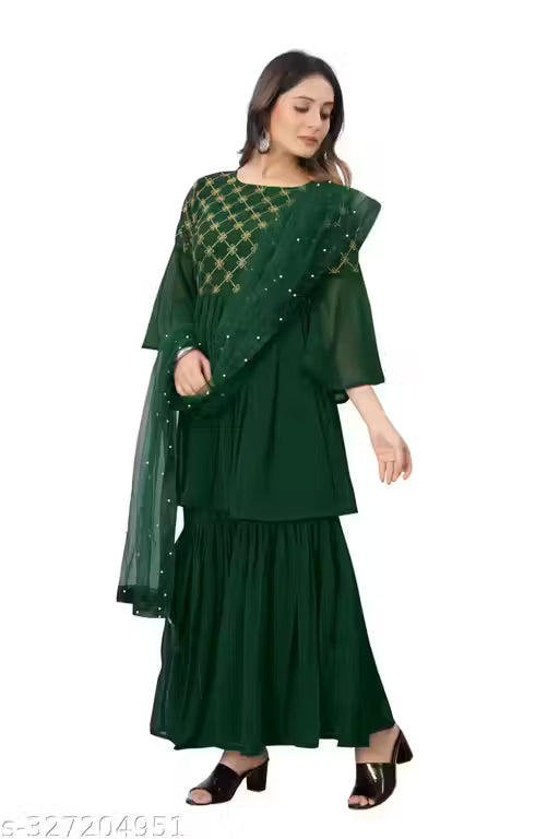 Graceful Georgette Embroidered Sharara Set-Green