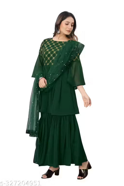 Graceful Georgette Embroidered Sharara Set-Green