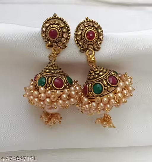 Traditional Ethnic Fancy Stylish Pearl Oxidised Jhumka Jhumki Earrings for Girls and Women