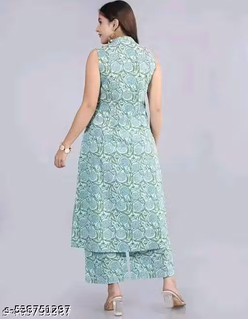 Fancy Rayon Printed sleeveles Kurta With Palazzos Set For Women