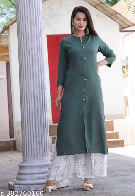 Woman And Girls Rayon Fabric Printed Kurti With Palszo Set