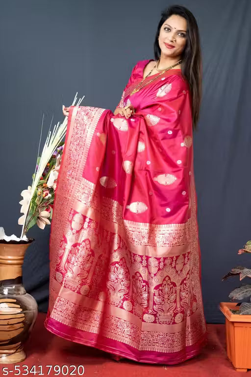 Women's Kanchipuram Pure Silk Saree with Zari-Pink