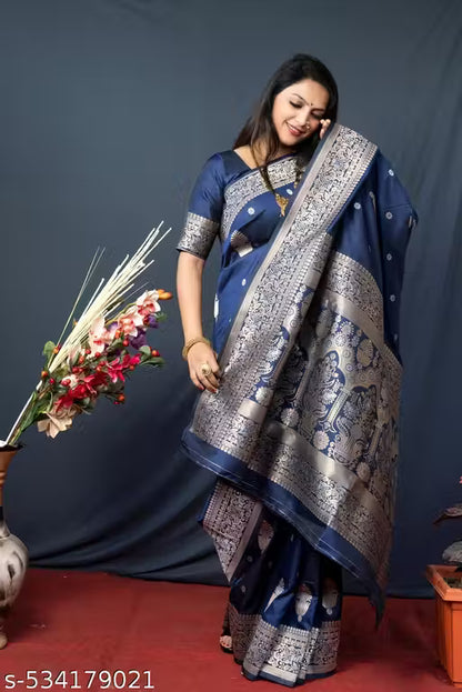 Women's Kanchipuram Pure Silk Saree with Zari-blue