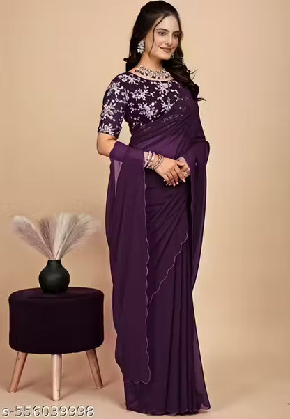 Georgette Saree with Floral Print and Embroidery