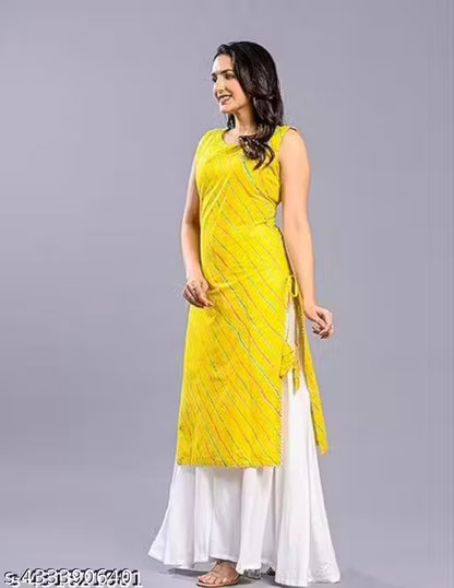 Shikha arts green leheriya sleeveless kurta & white palazzo 2pcs set (Kurta & palazzo)