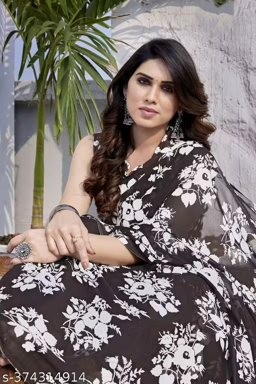 Party Wear Bollywood Style Floral Printed Saree with Unstitch Blouse Piece