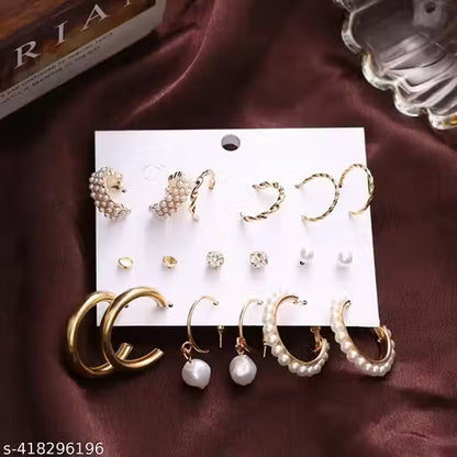 Pollux Craft Combo Of 09 Pair Stunning Gold Plated Pearl Hoop