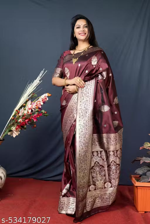 Women's Kanchipuram Pure Silk Saree with Zari-brown