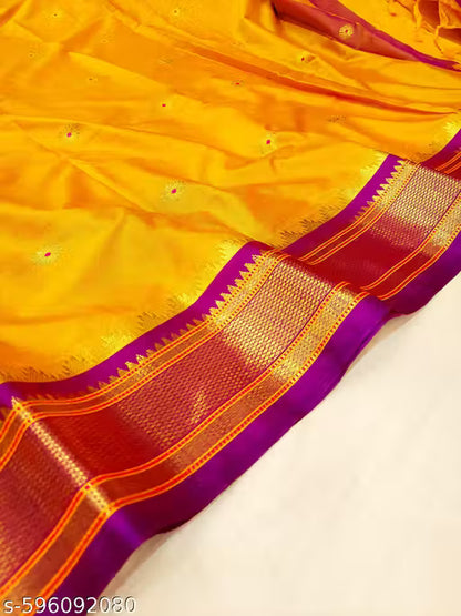Paithani Cotton Silk Sarees With Contrast Blouse Piece (Mango & Purple)
