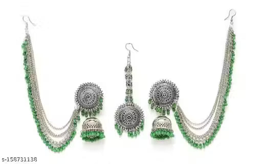 Navaratri Special Kashmiri Trible Mangtika &amp; Jhumka Earrings Set (Green)