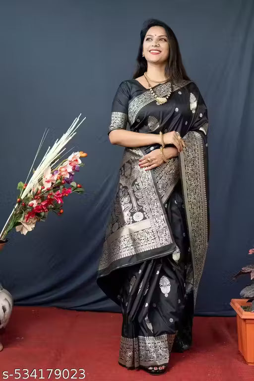 Women's Kanchipuram Pure Silk Saree with Zari-black