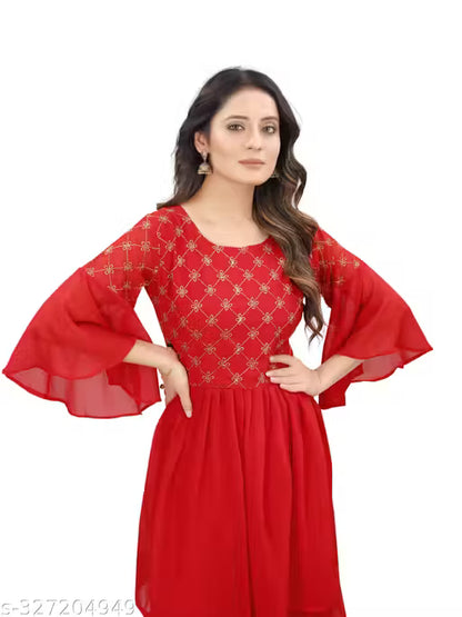 Graceful Georgette Embroidered Sharara Set-Red