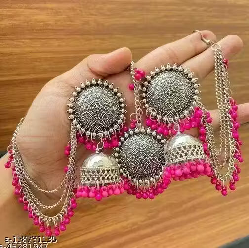 Navaratri Special" Kashmiri Trible Mangtika & Jhumka Earrings Set (Pink)