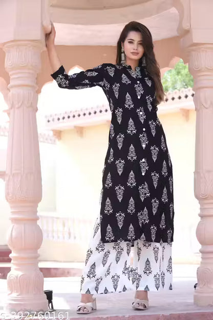 Woman And Girls Rayon Fabric Printed Kurti With Palszo Set