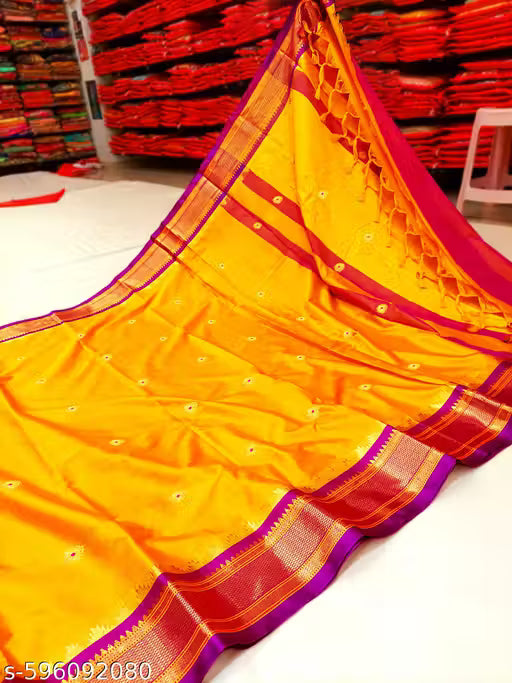 Paithani Cotton Silk Sarees With Contrast Blouse Piece (Mango & Purple)