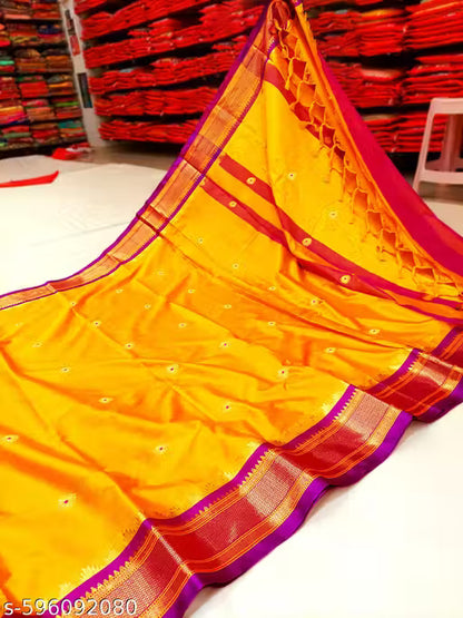 Paithani Cotton Silk Sarees With Contrast Blouse Piece (Mango & Purple)