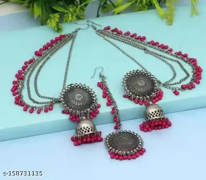 Navaratri Special" Kashmiri Trible Mangtika & Jhumka Earrings Set (Pink)