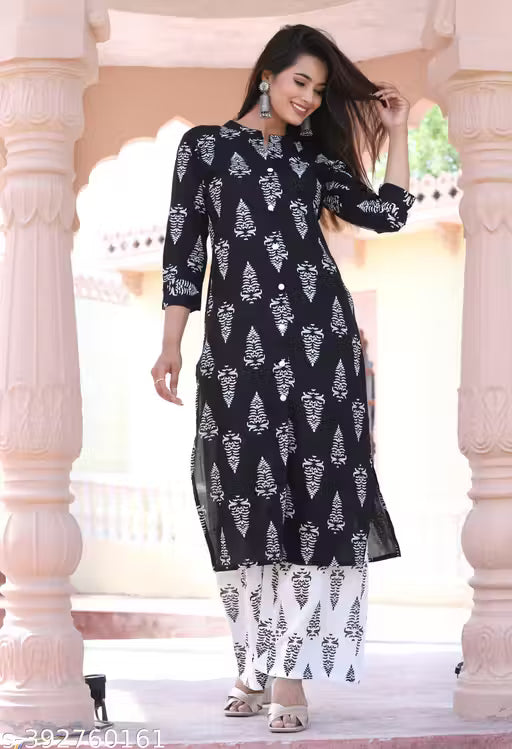 Woman And Girls Rayon Fabric Printed Kurti With Palszo Set